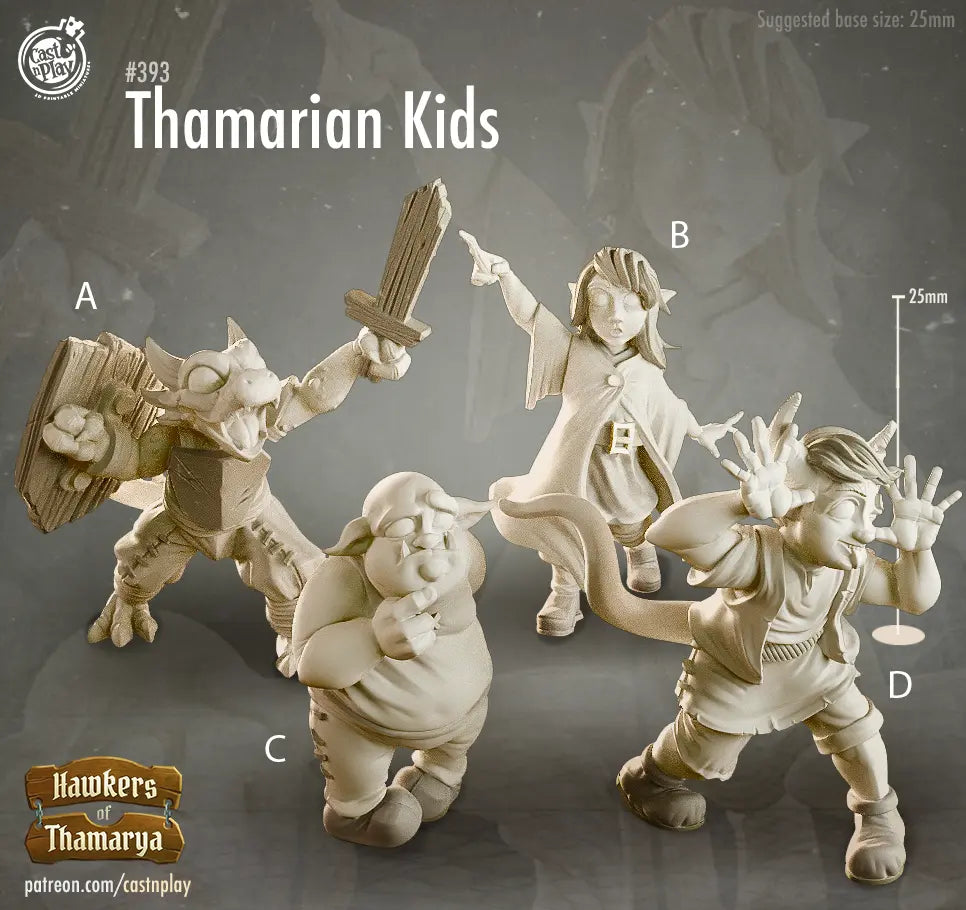 A detailed set of DnD miniatures featuring a group of young orphan children in various poses. Each child has distinct clothing and expressions, reflecting a mix of curiosity, resilience, and innocence. Some figures appear to be clutching small belongings, while others stand with cautious or hopeful stances. Their ragged outfits and barefoot appearances hint at a life of hardship, making them perfect for immersive storytelling in tabletop RPGs. 