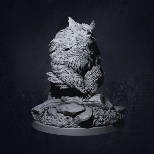  A detailed 3D-printed miniature of an owlbear, a fierce fantasy creature with an owl-like head and a muscular, fur-covered body. The model is posed on a textured base with rocks and a fallen log, adding to its naturalistic look. The intricate sculpting highlights the creature’s feathers, fur, and menacing expression, set against a dark background for a dramatic effect.