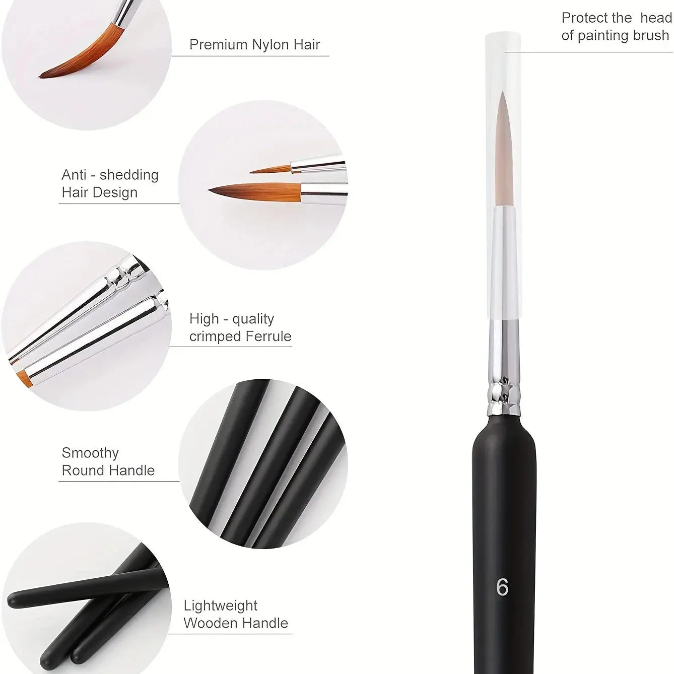 Image of a paintbrush including premium nylon hair, anti-shedding hair design, high- quality crimped Ferrule, smooth round handle and lightweight wooden handle