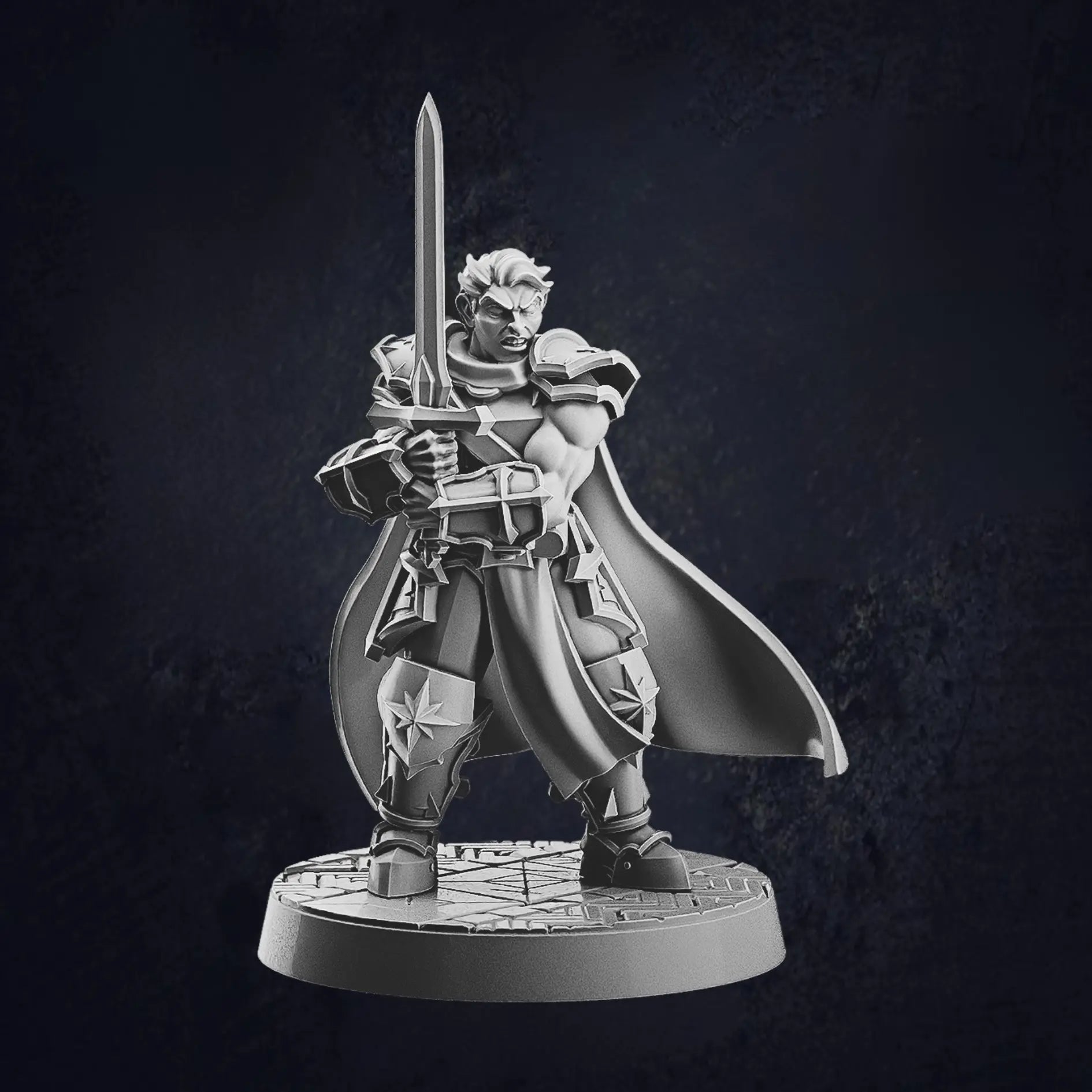 Model A - male human paladin miniature at 32mm scale designed by Cast N Play, each on 30mm bases. The male human paladin is holding a sword with both hands, ready for combat.