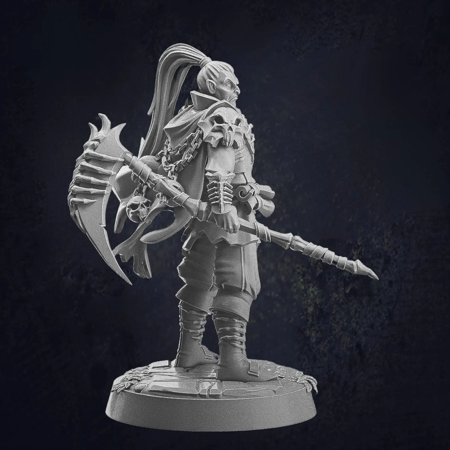 Model A Human Male Warlock ideal for dark fantasy characters, suitable for undead or vampire warriors. Posed holding a scythe. The figure wears a gothic-style armor with intricate details, capes, and accessories. The design includes skull motifs, tattered clothing, and fierce expressions, enhancing his eerie and powerful presence. The model is provided on a 25mm base with a cobblestone texture.