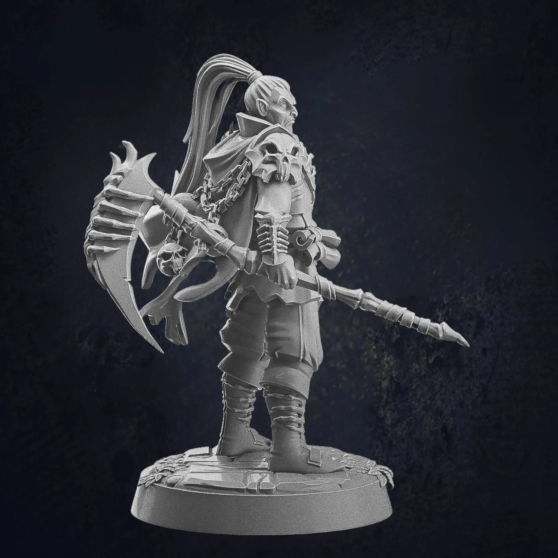 Model A Human Male Warlock ideal for dark fantasy characters, suitable for undead or vampire warriors. Posed holding a scythe. The figure wears a gothic-style armor with intricate details, capes, and accessories. The design includes skull motifs, tattered clothing, and fierce expressions, enhancing his eerie and powerful presence. The model is provided on a 25mm base with a cobblestone texture.