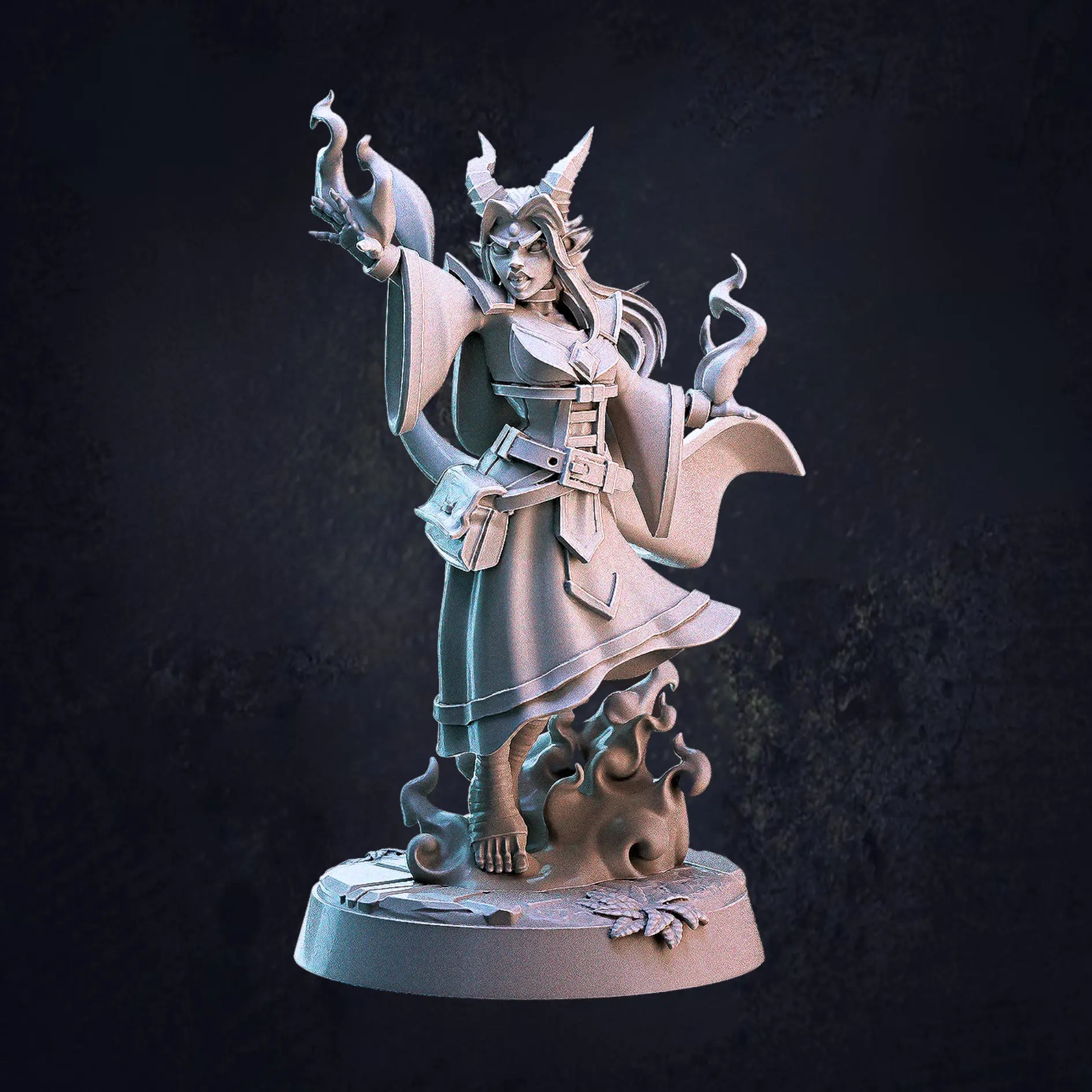 Model A - An unpainted 32mm scale miniature of a female Tiefling sorcerer by Cast N Play, standing on a 25mm round base. She is dynamically posed, holding a fiery spell in one hand while the other strikes out in front as if casting magic. Her flowing robes, curved horns, and intricate details emphasize her arcane power. The figure's stance and expression convey confidence and command over her sorcery.
