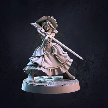 Model A- an unpainted 32mm scale female vampire hunter miniature, posed dynamically and standing on a 30mm base. The  model wears a Victorian-style dress and wields a sword with both hands in a battle-ready stance. The figure features intricate detailing, emphasizing their warrior prowess.