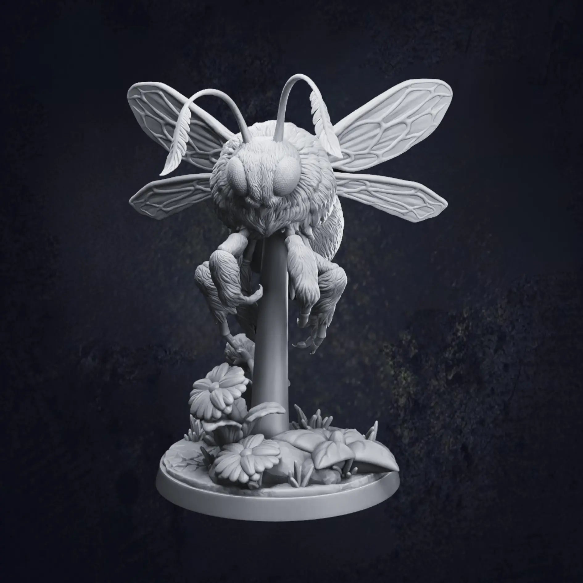 A highly detailed 3D-printed tabletop miniature of a giant bumblebee, poised mid-flight above a stylized floral base with daisies and leaves. The model is in grey resin and shows intricate textures on the wings, fur, and legs. Pictured is Pose B and designed by Dragon Trappers Lodge at 32mm scale.