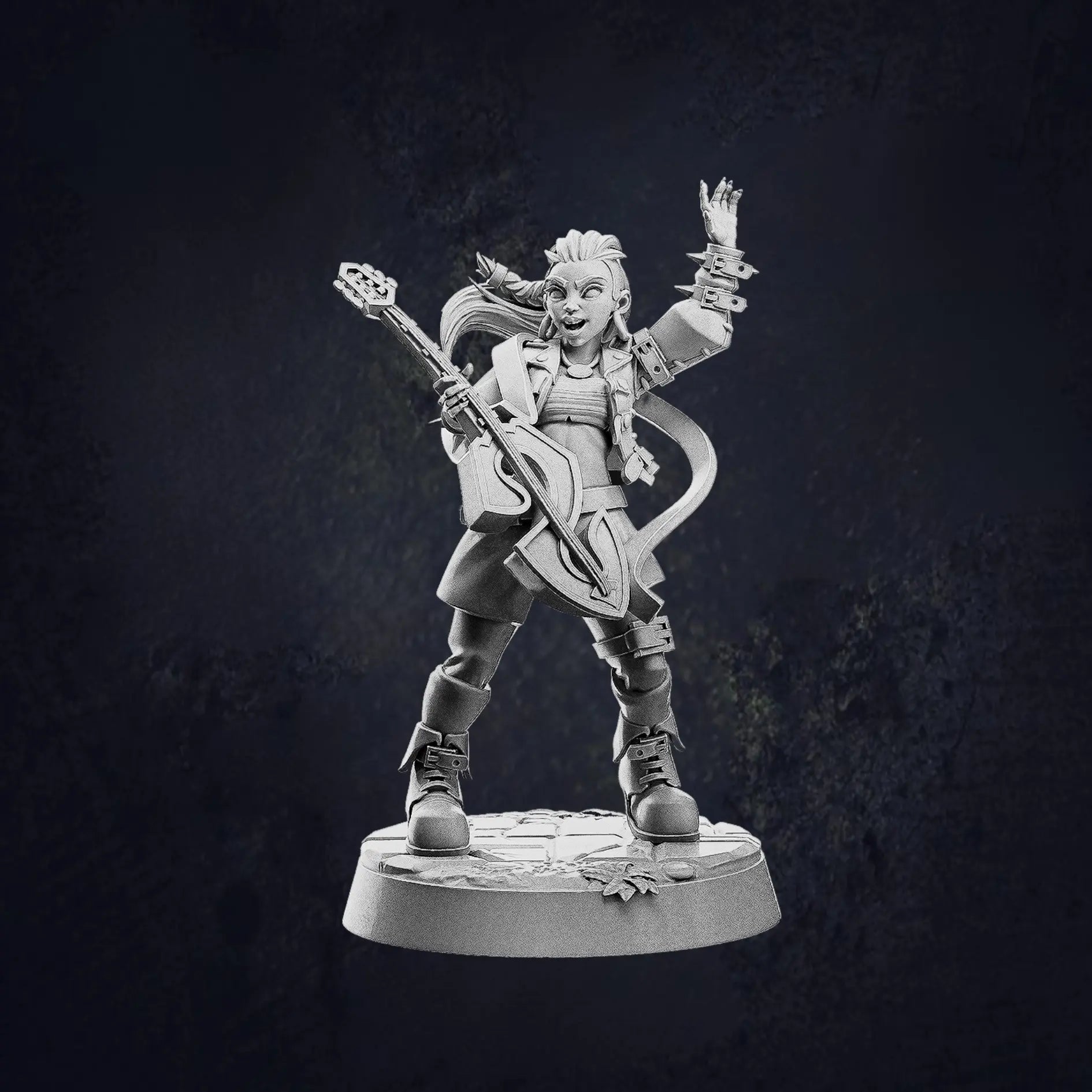 An image of Pose B of an unpainted miniature figurine of a fantasy female human bard posed dynamically with a lute. The bard has a lively expression, with windswept hair and a flowing cape. The character wears layered adventurer-style clothing, including boots, a tunic, and a cloak. The bard appears to be in mid-performance, strumming the lute with an energetic stance. The figurine stands on a round base with engraved textures, set against a dark, textured background.