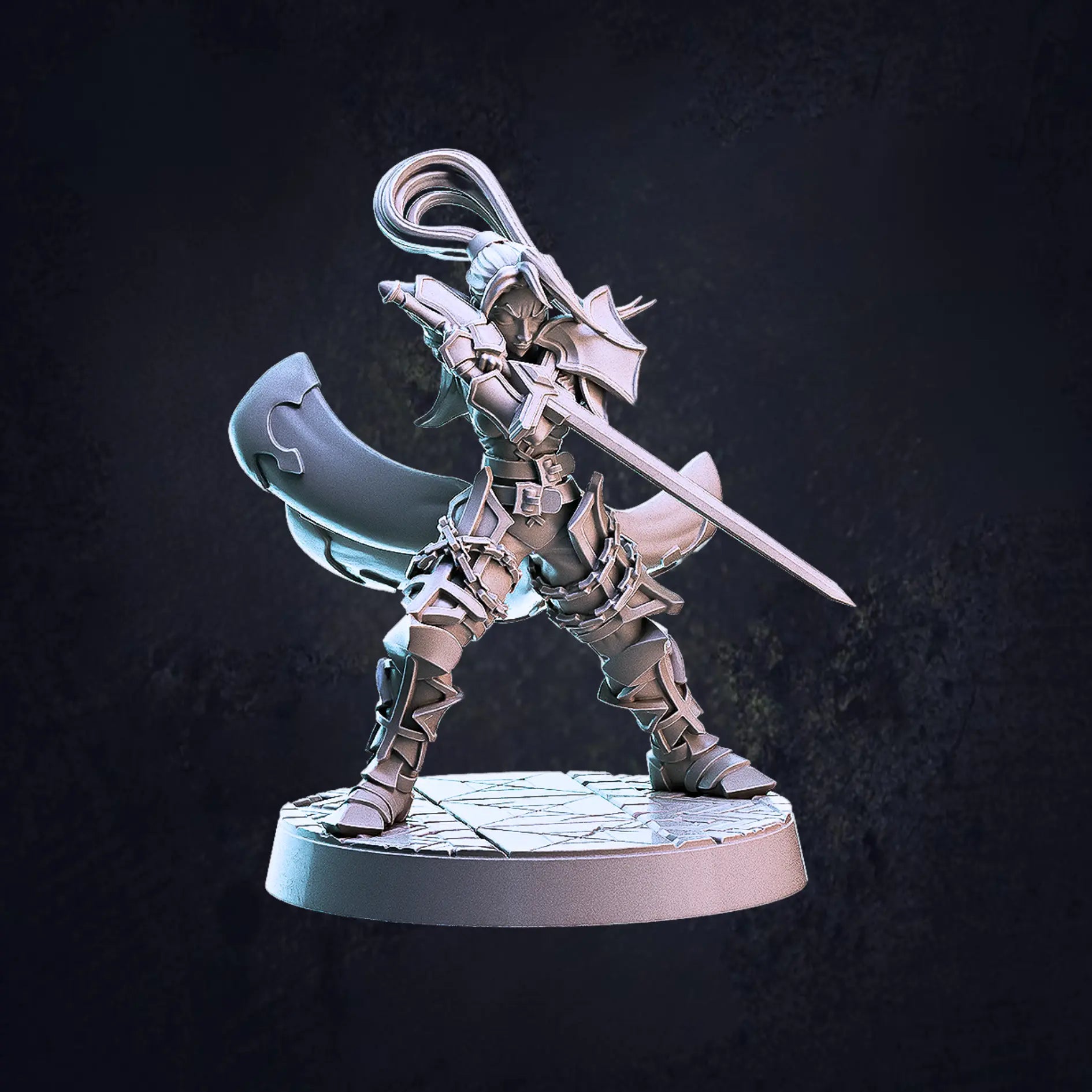 Model B - An unpainted 32mm scale female vampire hunter miniatures, each posed dynamically and standing on 30mm base. The  model is clad in armour, brandishing a sword confidently. The figure features intricate detailing, emphasizing their warrior prowess.