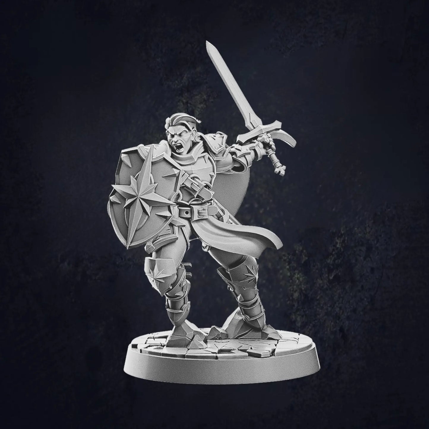 Model B - male human paladin miniature at 32mm scale designed by Cast N Play, each on 30mm bases.  The male human paladin stands in a battle pose, holding a sword and shield, displaying a defensive stance.