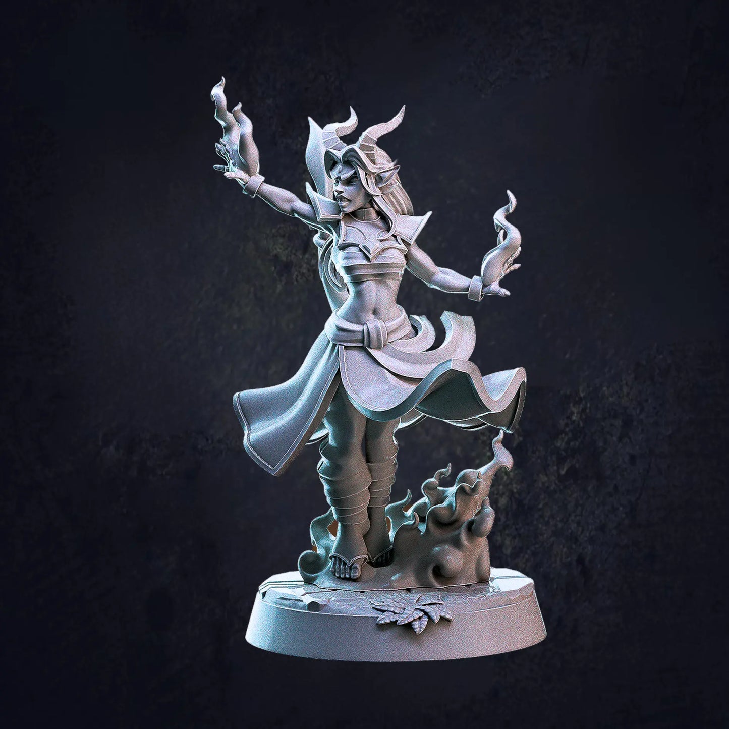 Model B - An unpainted 32mm scale miniature of a female Tiefling sorcerer by Cast N Play, standing on a 25mm round base. She is posed dynamically, holding a fiery spell in each hand to her sides, as if harnessing raw magical energy. Her flowing robes, curved horns, and intricate details enhance her mystical presence. With an intense expression and commanding stance, she exudes power and control over her sorcery.
