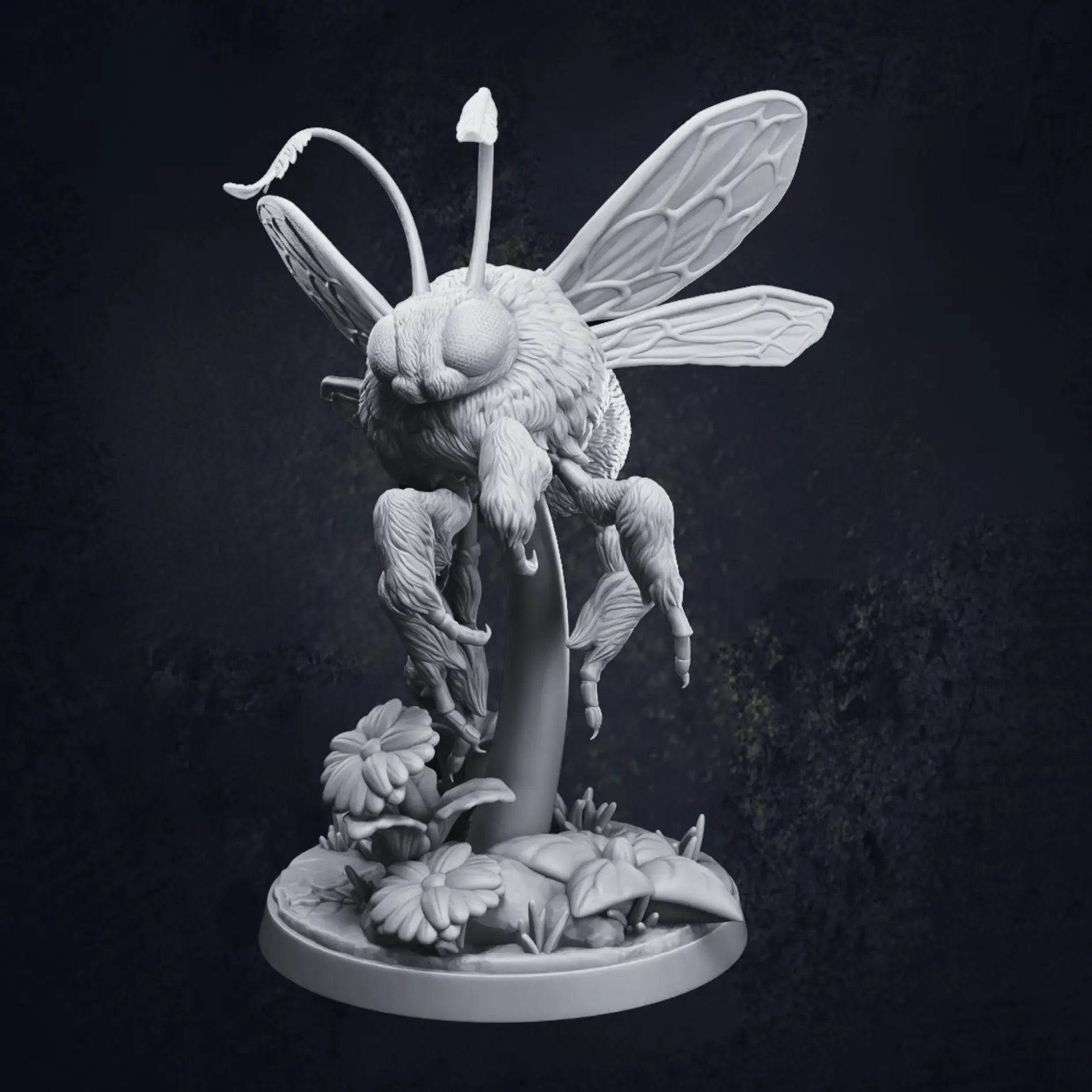 A highly detailed 3D-printed tabletop miniature of a giant bumblebee, poised mid-flight above a stylized floral base with daisies and leaves. The model is in grey resin and shows intricate textures on the wings, fur, and legs. Pictured is Pose C and designed by Dragon Trappers Lodge at 32mm scale.