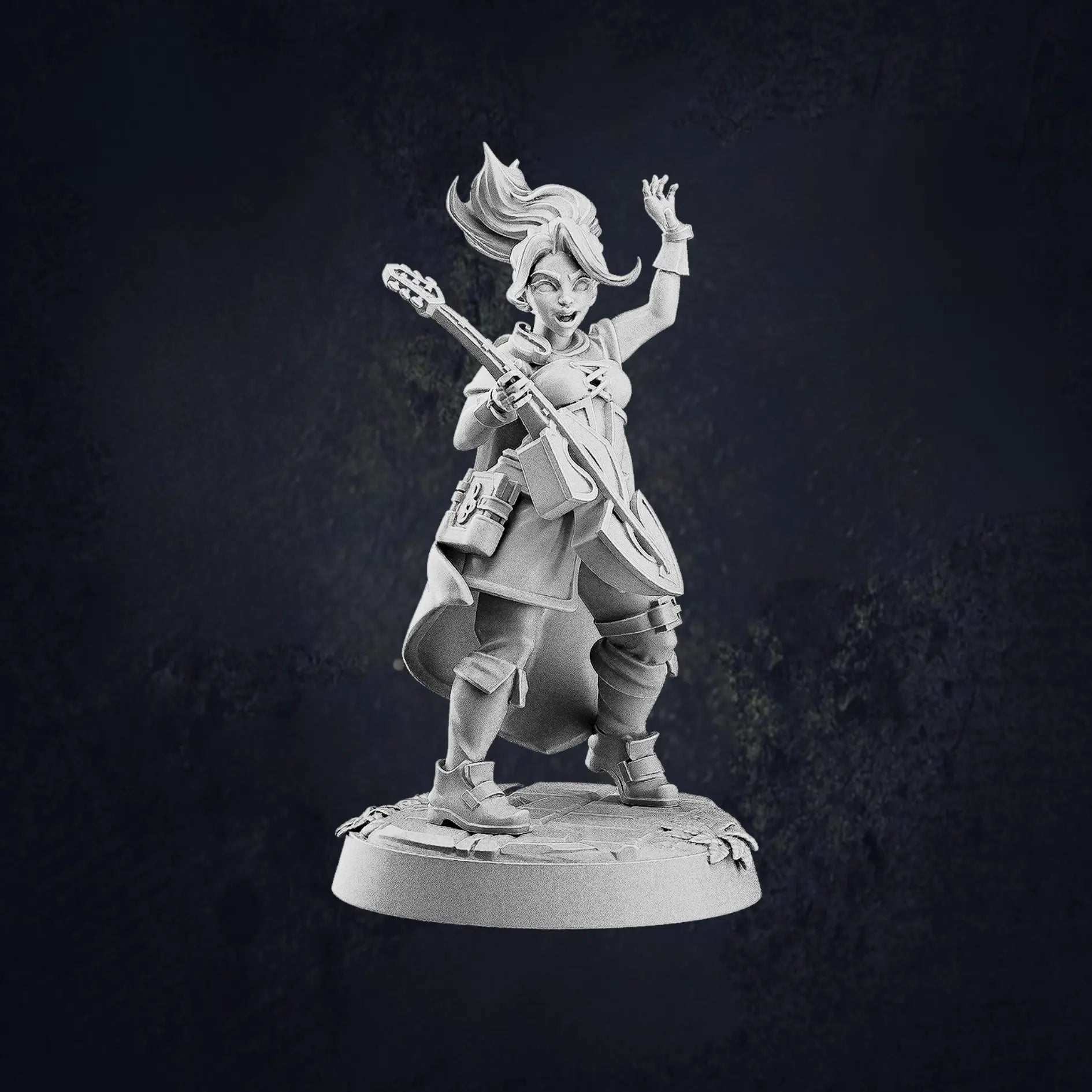 An image of Pose C of an unpainted miniature figurine of a fantasy female human bard posed dynamically with a lute. The bard has a lively expression, with windswept hair and a flowing cape. The character wears layered adventurer-style clothing, including boots, a tunic, and a cloak. The bard appears to be in mid-performance, strumming the lute with an energetic stance. The figurine stands on a round base with engraved textures, set against a dark, textured background.