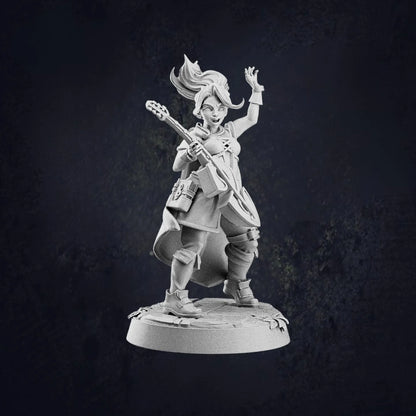 An image of Pose C of an unpainted miniature figurine of a fantasy female human bard posed dynamically with a lute. The bard has a lively expression, with windswept hair and a flowing cape. The character wears layered adventurer-style clothing, including boots, a tunic, and a cloak. The bard appears to be in mid-performance, strumming the lute with an energetic stance. The figurine stands on a round base with engraved textures, set against a dark, textured background.