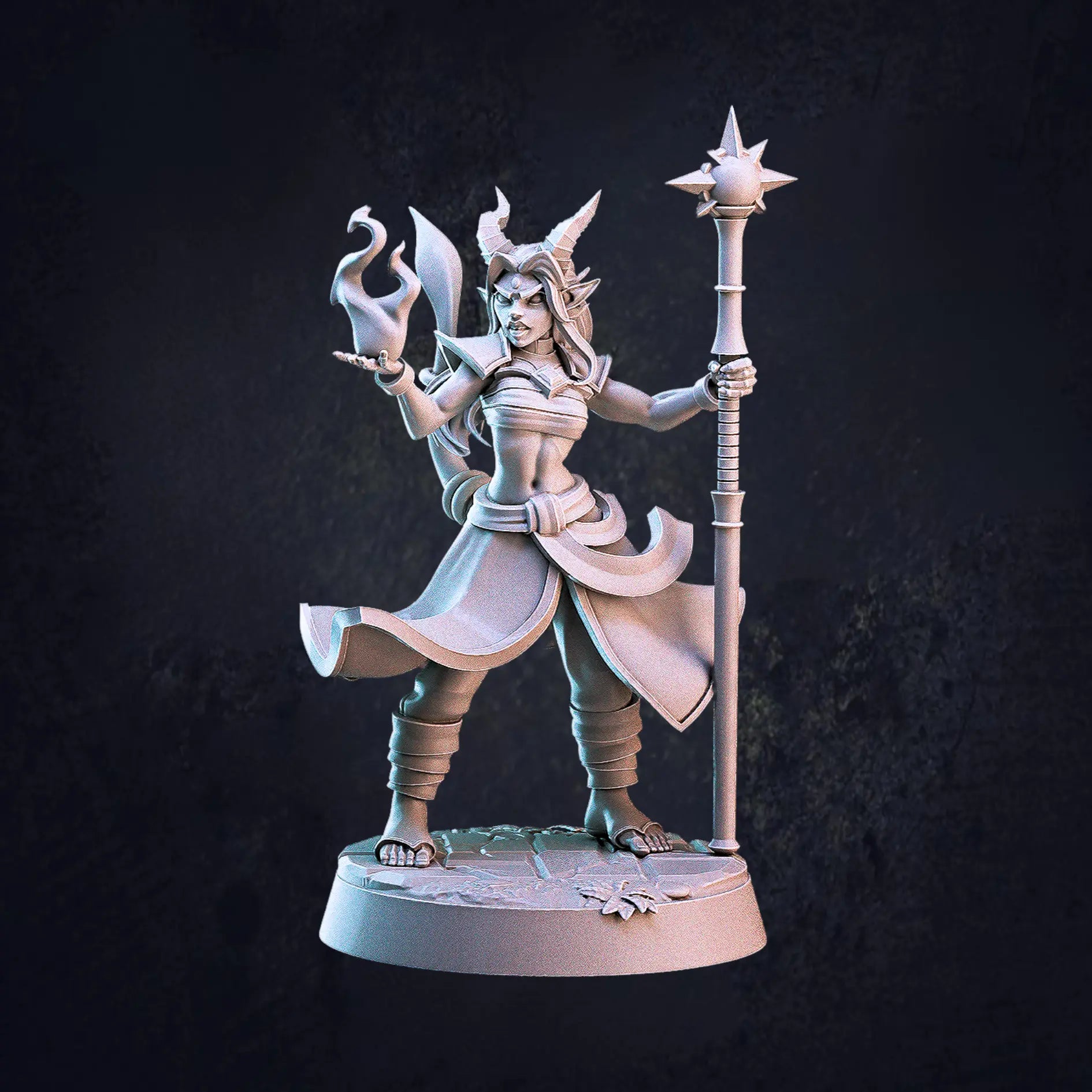Model C - An unpainted 32mm scale miniature of a female Tiefling sorcerer by Cast N Play, standing on a 25mm round base. She is posed dynamically, holding a fiery spell in front of her with one hand while gripping a staff to her side with the other. Her flowing robes, curved horns, and intricate details emphasize her arcane prowess. With a confident stance and focused expression, she appears ready to unleash powerful magic