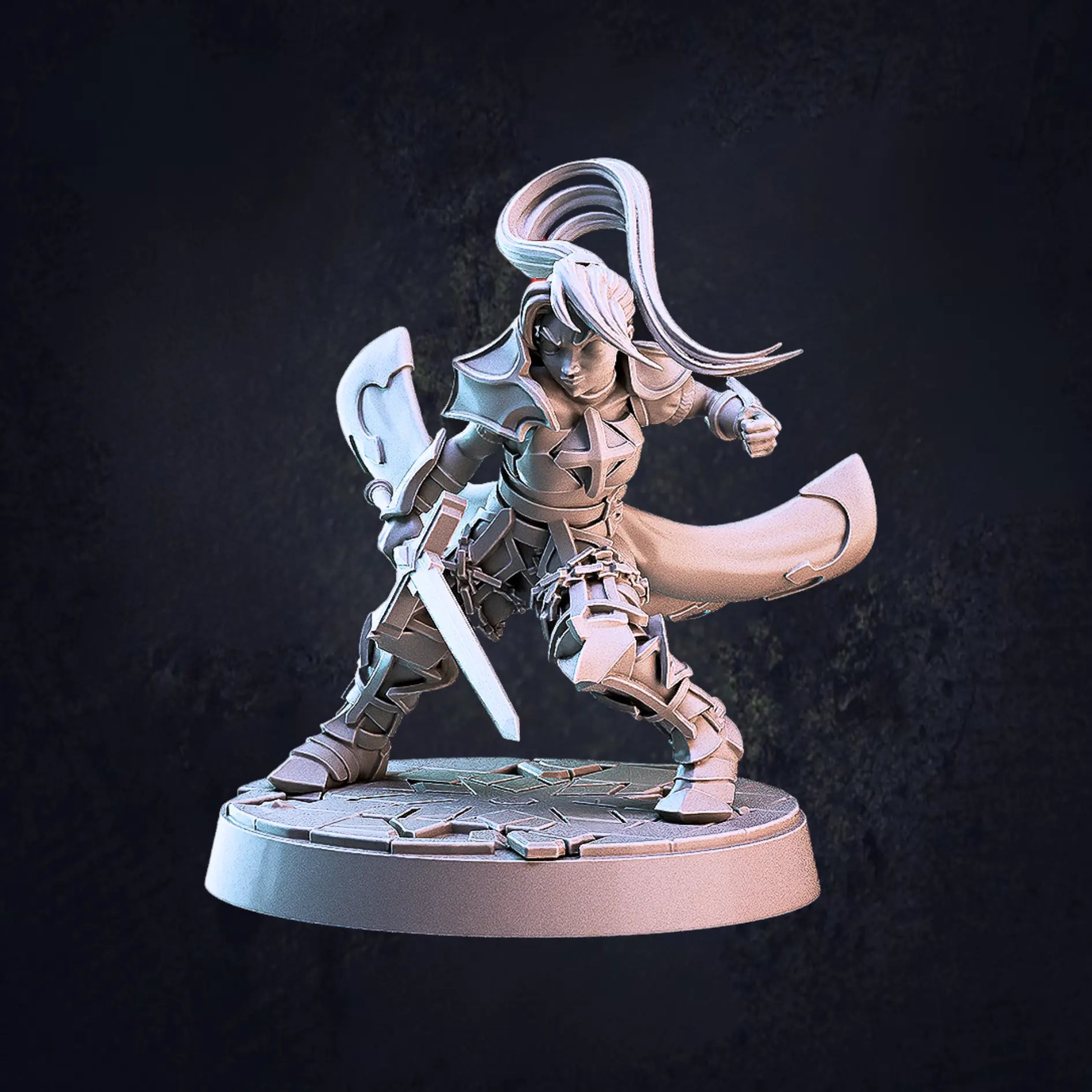 Model C - An unpainted 32mm scale female vampire hunter miniature, posed dynamically and standing on a 30mm base. The  model, also in armour, holds a sword in one hand while posed in a dodging manoeuvre, evading an attack. The figure features intricate detailing, emphasizing their warrior prowess.