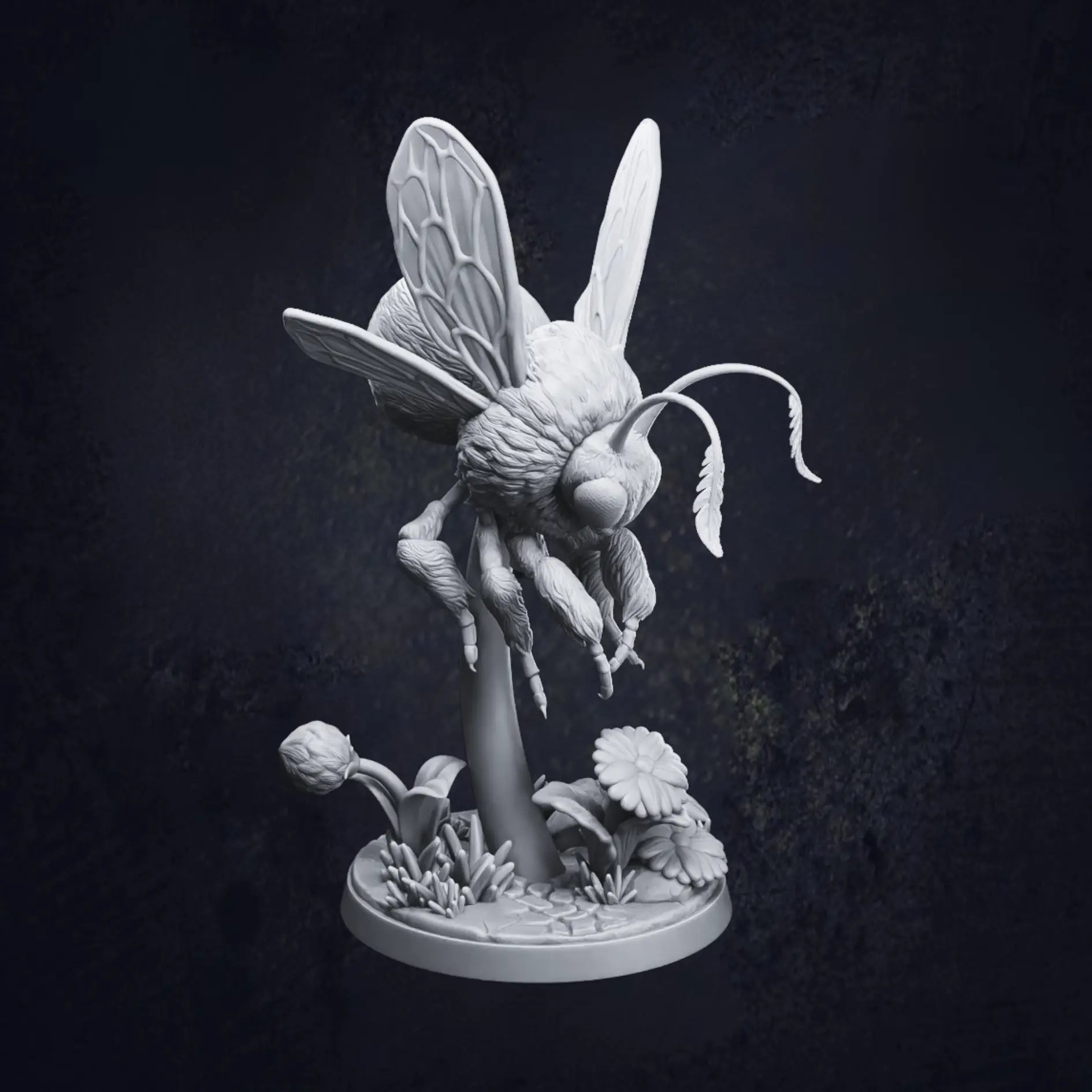 A highly detailed 3D-printed tabletop miniature of a giant bumblebee, poised mid-flight above a stylized floral base with daisies and leaves. The model is in grey resin and shows intricate textures on the wings, fur, and legs. Pictured is Pose D and designed by Dragon Trappers Lodge at 32mm scale.