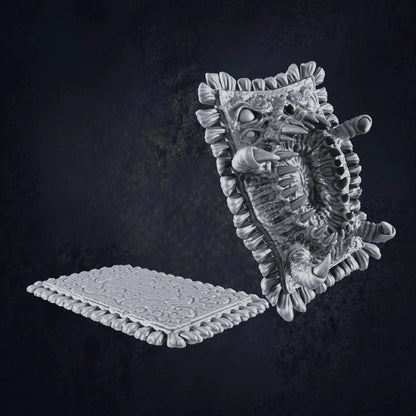 A miniature of a rug mimic, cleverly disguised as an ornate, patterned rug with monstrous features. The mimic's sharp teeth emerge from one end, with sinister eyes and tentacle-like appendages hidden within the folds of the fabric. The intricate design of the rug adds realism to its deceptive appearance.