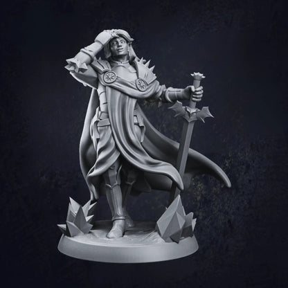 A 3D-printed RPG miniature of Sebastian, a Human Paladin, standing heroically with a large sword. Unpainted, highly detailed, and ready for customisation.