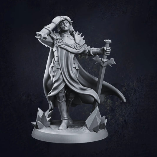 A 3D-printed RPG miniature of Sebastian, a Human Paladin, standing heroically with a large sword. Unpainted, highly detailed, and ready for customisation.