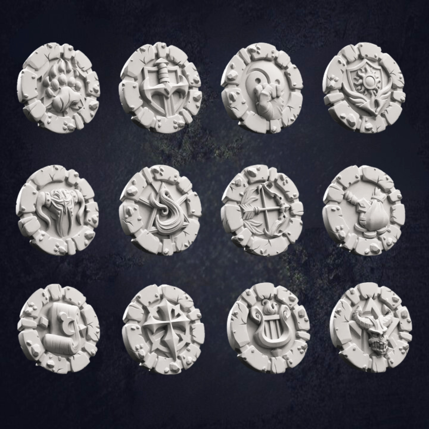 Set of 12 round, class tokens with various symbols to represent classes within DnD
