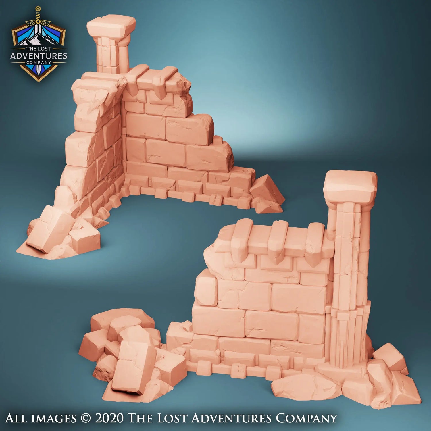 A set of 2 ruined walls by Lost Adventures company, available as 3D prints and can be a corner or straight option. 