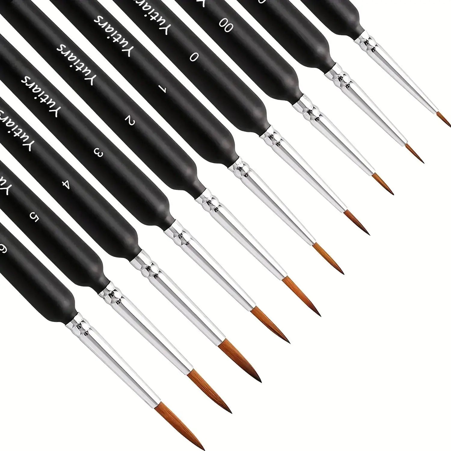 A set of varying sized paintbrushes with black handle