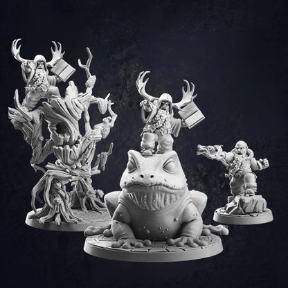 Three dwarf druid miniatures, each with unique poses and nature-themed details. The first dwarf is perched atop a large frog, with a confident stance, embodying a bond with nature. The second dwarf is merged with a treant, standing tall with the tree's branches forming a protective canopy around them. The third dwarf stands on a rock, holding a staff, exuding a powerful connection to the natural world, ready for action."