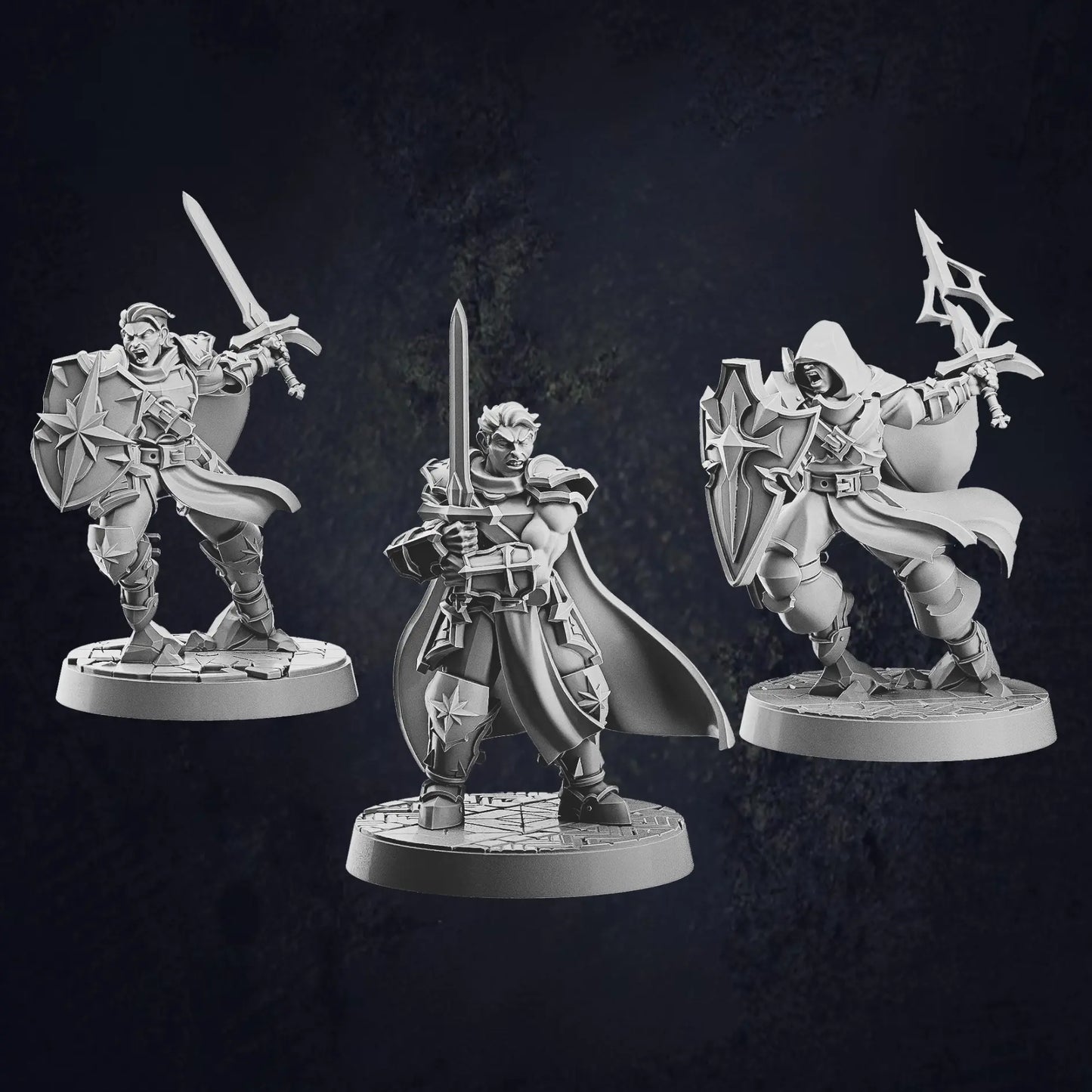 Three male human paladin miniatures at 32mm scale designed by Cast N Play, each on 30mm bases. The first paladin is holding a sword with both hands, ready for combat. The second paladin stands in a battle pose, holding a sword and shield, displaying a defensive stance. The third paladin, also in a battle pose, is hooded and holds a sword and shield, with a more mysterious and vigilant appearance.
