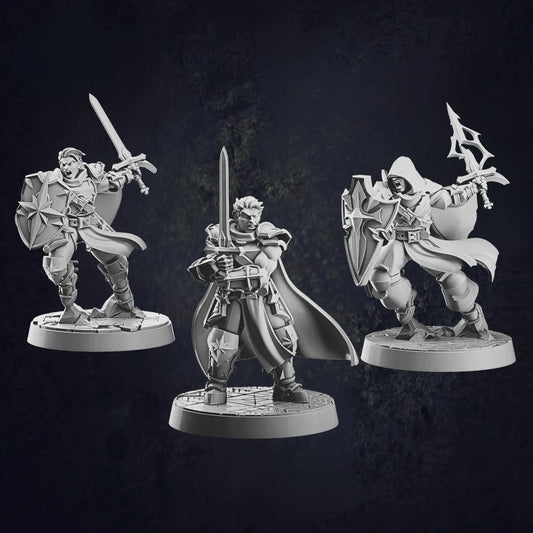 Three male human paladin miniatures at 32mm scale designed by Cast N Play, each on 30mm bases. The first paladin is holding a sword with both hands, ready for combat. The second paladin stands in a battle pose, holding a sword and shield, displaying a defensive stance. The third paladin, also in a battle pose, is hooded and holds a sword and shield, with a more mysterious and vigilant appearance.