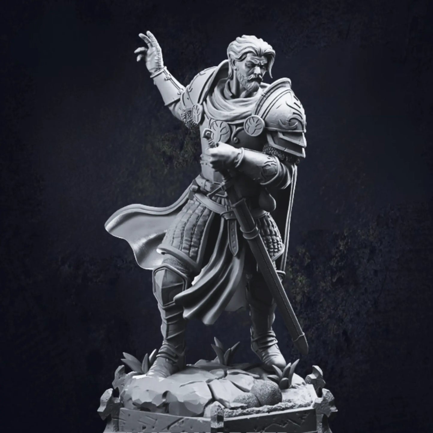 A detailed 3D-printed miniature of a human male paladin, designed by TPK Lab. The paladin is depicted in a dynamic pose, clad in ornate armor with intricate designs, including shoulder plates and a flowing cape. The figure holds a sword with both hands, one gripping the hilt and the other raised dramatically, suggesting action or readiness for battle. The base features rocky terrain with small plants, adding realism and depth to the scene.