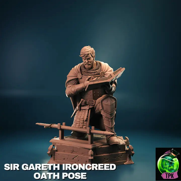 A render of a male human paladin depicted in an oath pose, kneeling atop a detailed pedestal with one hand raised and the other holding an open book. Dressed in intricate armor featuring chainmail and a flowing cape, the figure has a sword sheathed at the waist and a shield on the back.