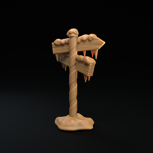 Wooden signpost with snow and ice on a black background
