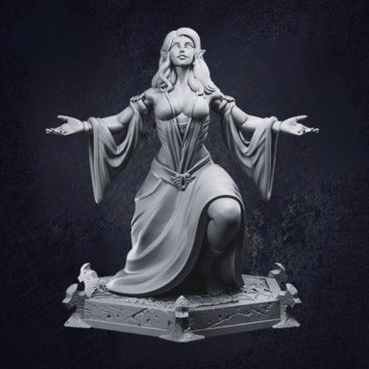 Kneeling female elf wearing flowing dress with no spiders, devotee to the spider goddess