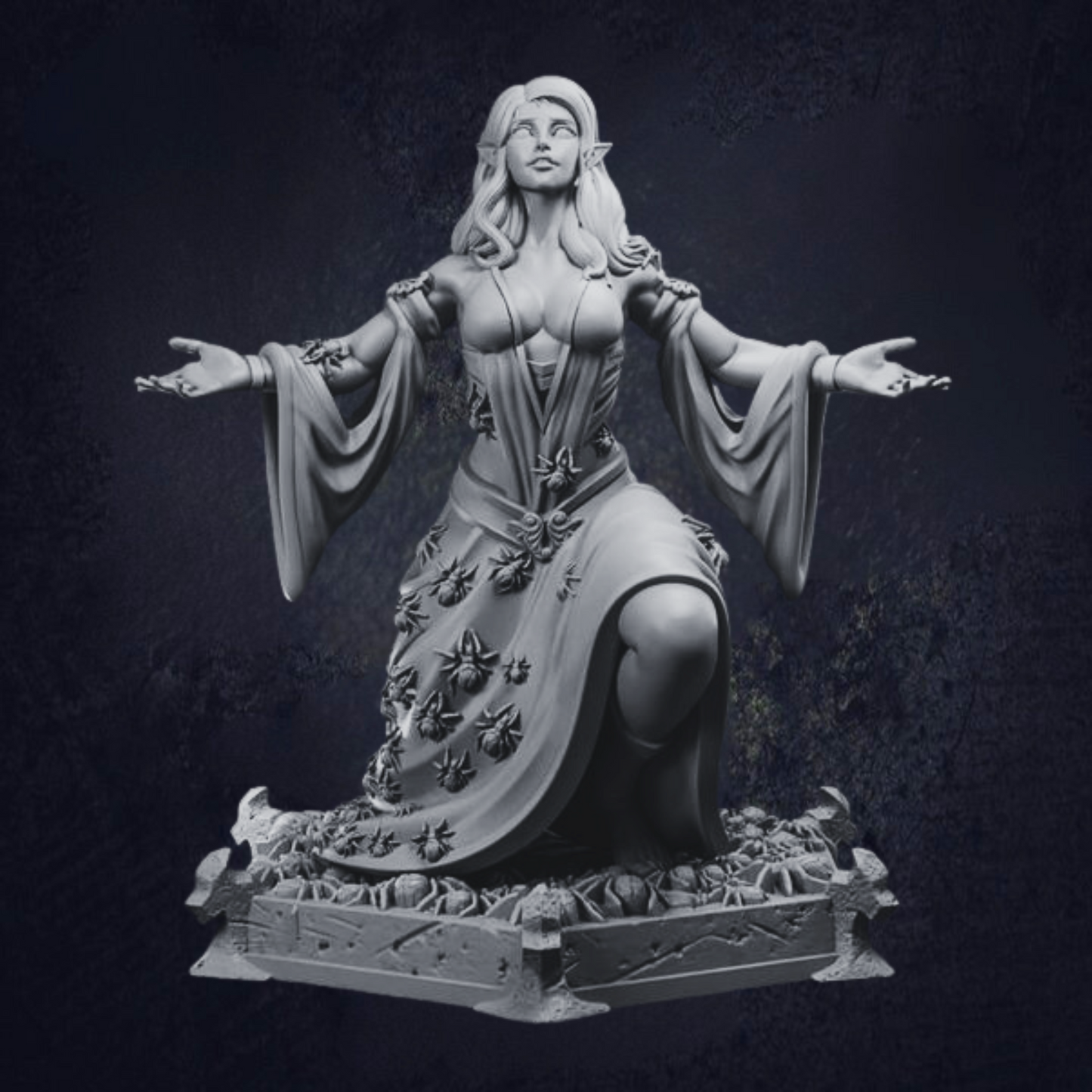 Kneeling female elf wearing flowing dresses with spiders climbing up on a hexagon base with more spiders.