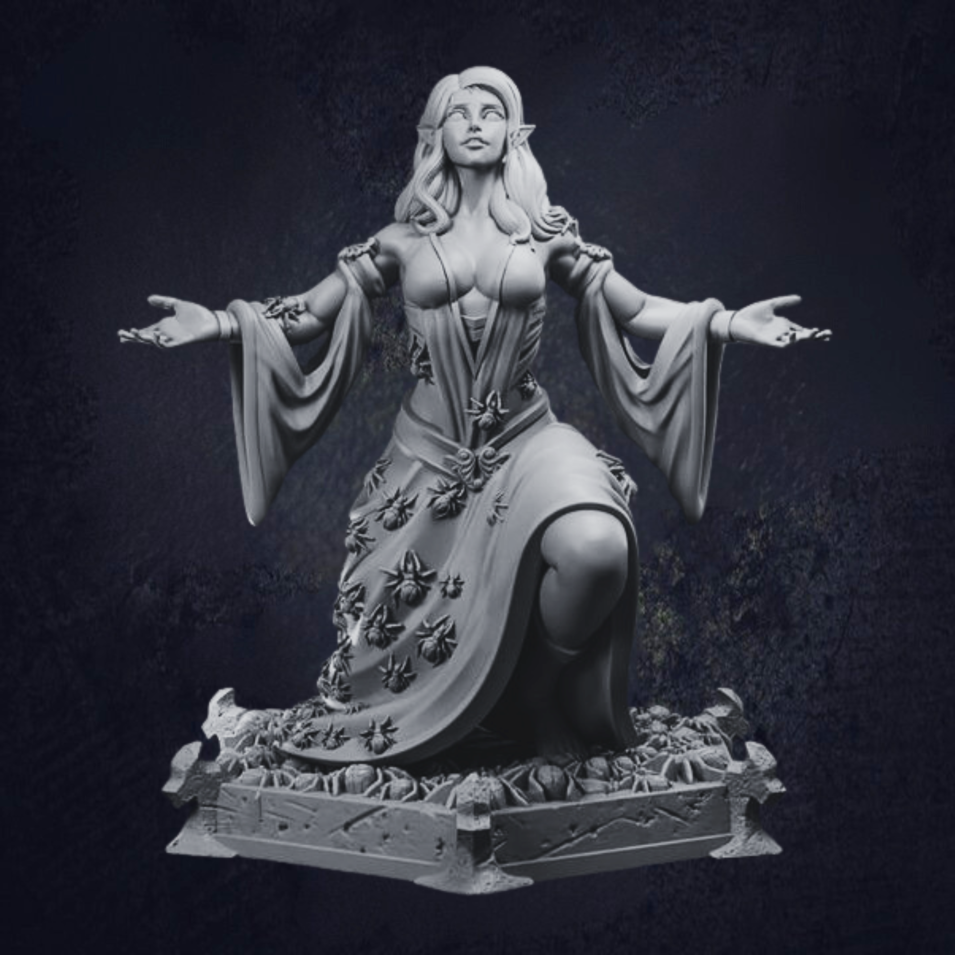 Kneeling female elf wearing flowing dresses with spiders climbing up on a hexagon base with more spiders.