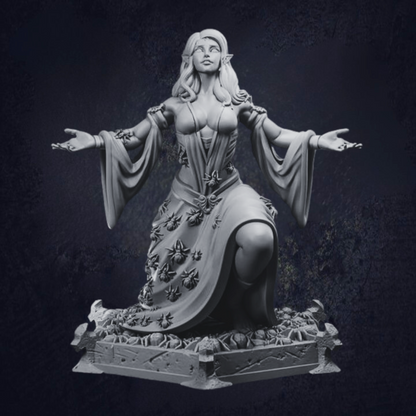 Kneeling female elf wearing flowing dresses with spiders climbing up on a hexagon base with more spiders.