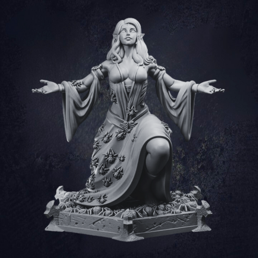 Kneeling female elf wearing flowing dresses with spiders climbing up on a hexagon base with more spiders.