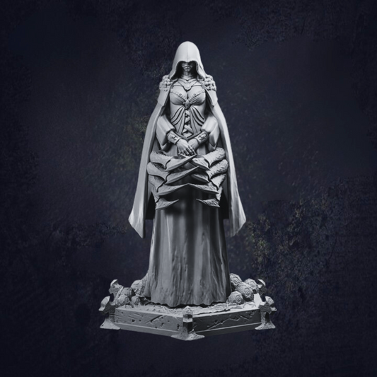 Hooded high priestess with spider legs wrapped around the body on a hexagon base with spider eggs