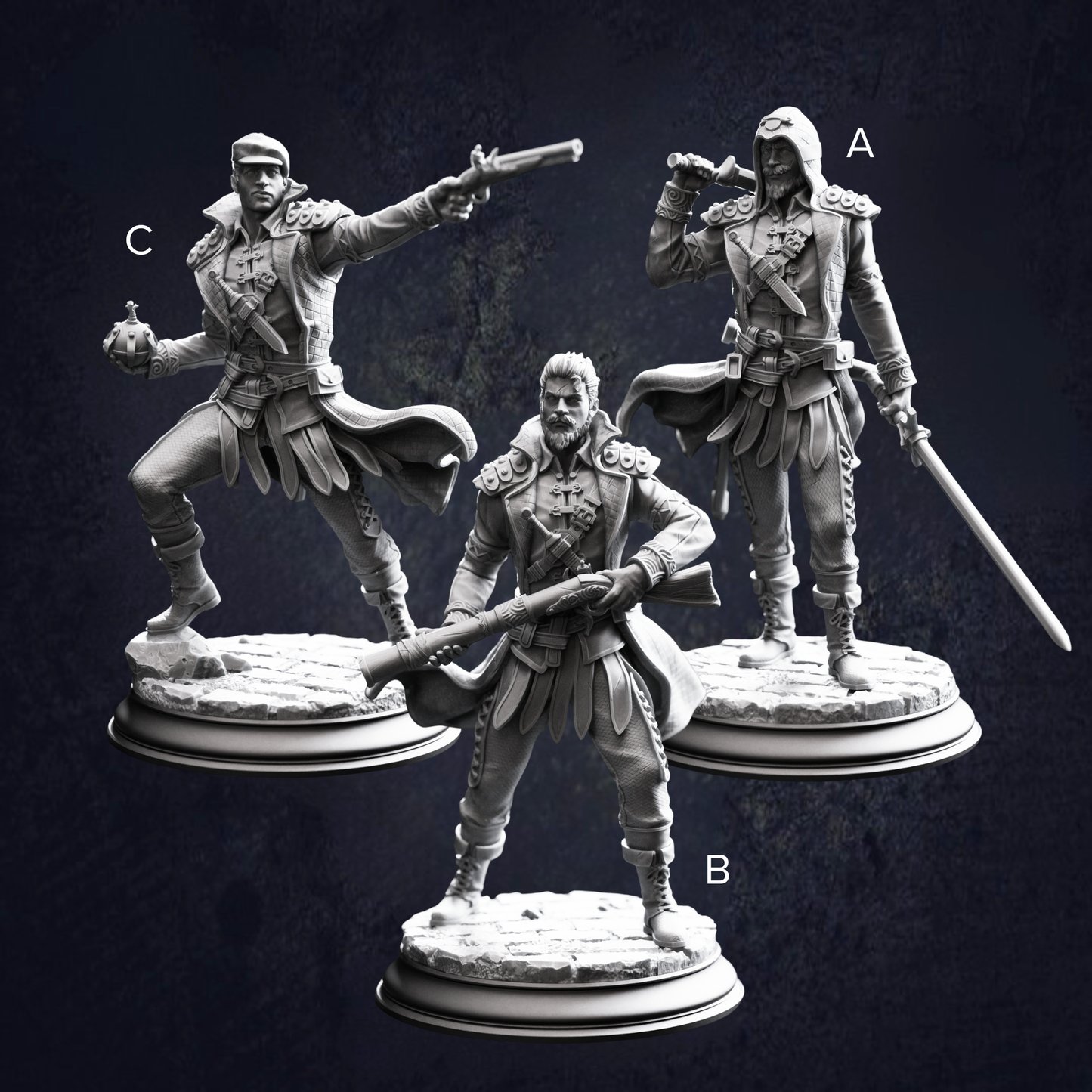 A group of bandits featuring gunslinger, bomber and duelist. Clear alphabetical labels displayed to identify each model. 