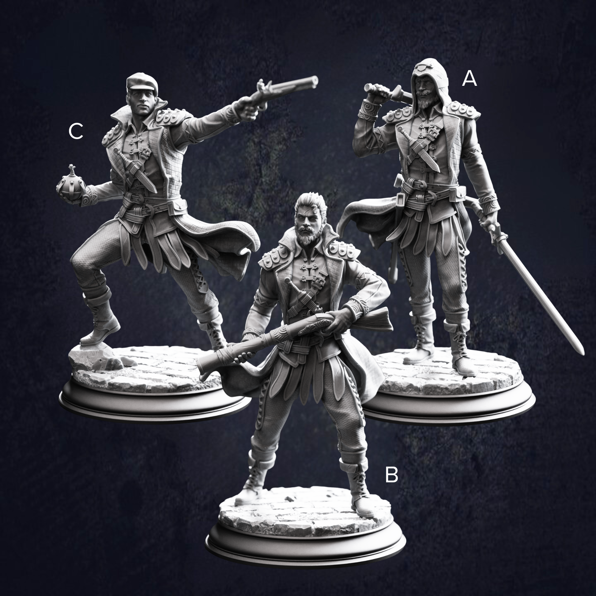 A group of bandits featuring gunslinger, bomber and duelist. Clear alphabetical labels displayed to identify each model. 