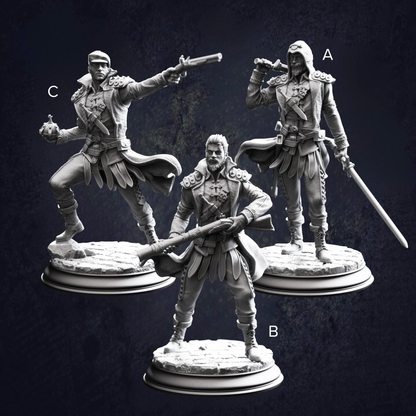 A group of bandits featuring gunslinger, bomber and duelist. Clear alphabetical labels displayed to identify each model. 