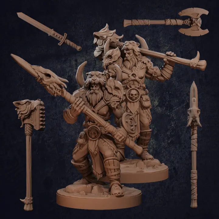 A collection of highly detailed DnD miniatures featuring a Viking-style barbarian warrior in multiple poses and weapon configurations. The set includes various stances, from combat-ready to relaxed, wielding different weapons such as swords, axes, spears, and hammers. Each miniature showcases intricate details, including rugged armor with fur accents, muscular physiques, and dynamic poses. The bases are textured to resemble rocky terrain, making them perfect for tabletop RPGs and wargaming.