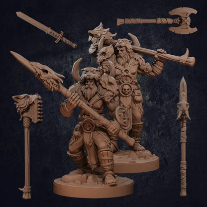 A collection of highly detailed DnD miniatures featuring a Viking-style barbarian warrior in multiple poses and weapon configurations. The set includes various stances, from combat-ready to relaxed, wielding different weapons such as swords, axes, spears, and hammers. Each miniature showcases intricate details, including rugged armor with fur accents, muscular physiques, and dynamic poses. The bases are textured to resemble rocky terrain, making them perfect for tabletop RPGs and wargaming.