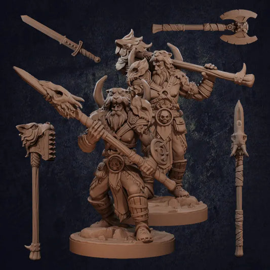 A collection of highly detailed DnD miniatures featuring a Viking-style barbarian warrior in multiple poses and weapon configurations. The set includes various stances, from combat-ready to relaxed, wielding different weapons such as swords, axes, spears, and hammers. Each miniature showcases intricate details, including rugged armor with fur accents, muscular physiques, and dynamic poses. The bases are textured to resemble rocky terrain, making them perfect for tabletop RPGs and wargaming.
