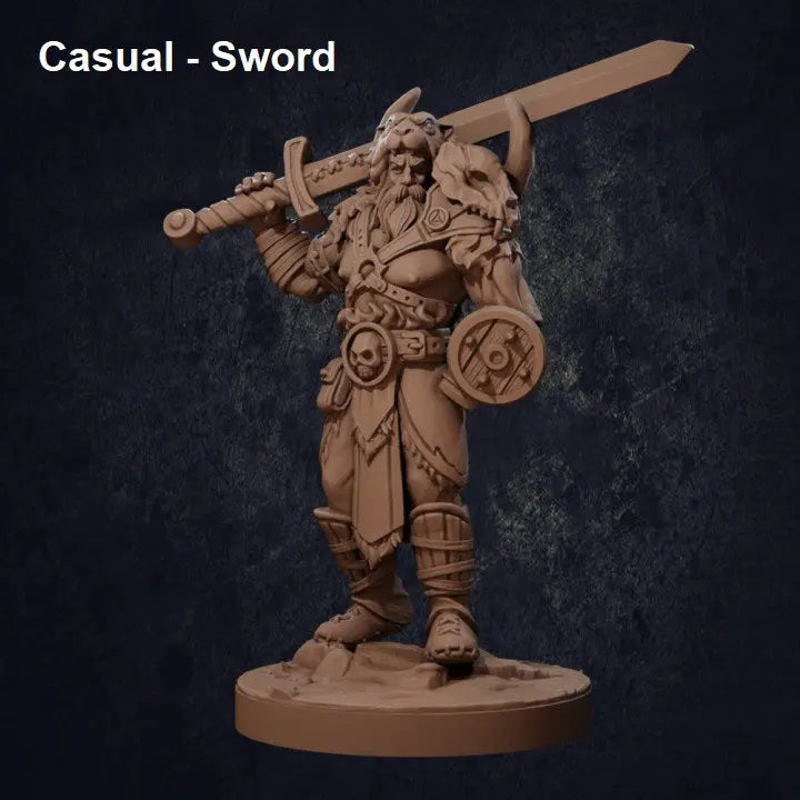 A highly detailed DnD miniature of a Viking-style barbarian warrior in a relaxed yet imposing stance, holding a sword casually by his side. The warrior has a muscular build, long flowing hair, and a stoic expression. He wears rugged armor with fur accents, including a chest harness, bracers, and greaves. The base is textured to resemble rocky terrain, enhancing the warrior’s presence.