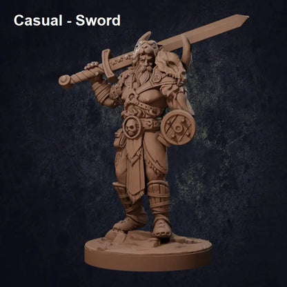 A highly detailed DnD miniature of a Viking-style barbarian warrior in a relaxed yet imposing stance, holding a sword casually by his side. The warrior has a muscular build, long flowing hair, and a stoic expression. He wears rugged armor with fur accents, including a chest harness, bracers, and greaves. The base is textured to resemble rocky terrain, enhancing the warrior’s presence.