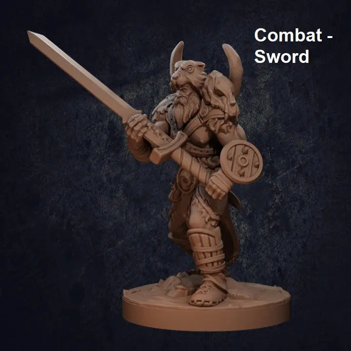A finely sculpted DnD miniature of a Viking-style barbarian warrior in an aggressive combat stance, gripping a large sword ready for battle. The warrior has a muscular physique, long flowing hair, and a fierce expression. He wears rugged armor with fur accents, including bracers, greaves, and a chest harness. His posture suggests he is mid-fight, and the textured base resembles rocky terrain, enhancing the action-packed feel.