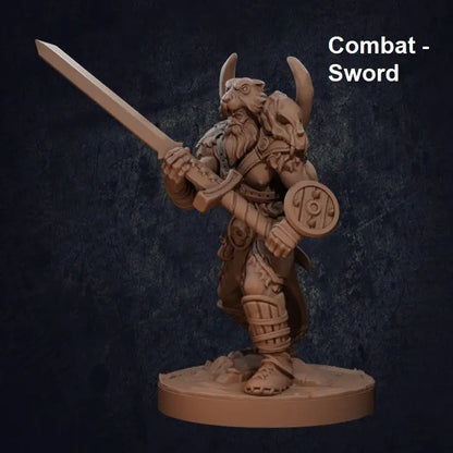 A finely sculpted DnD miniature of a Viking-style barbarian warrior in an aggressive combat stance, gripping a large sword ready for battle. The warrior has a muscular physique, long flowing hair, and a fierce expression. He wears rugged armor with fur accents, including bracers, greaves, and a chest harness. His posture suggests he is mid-fight, and the textured base resembles rocky terrain, enhancing the action-packed feel.