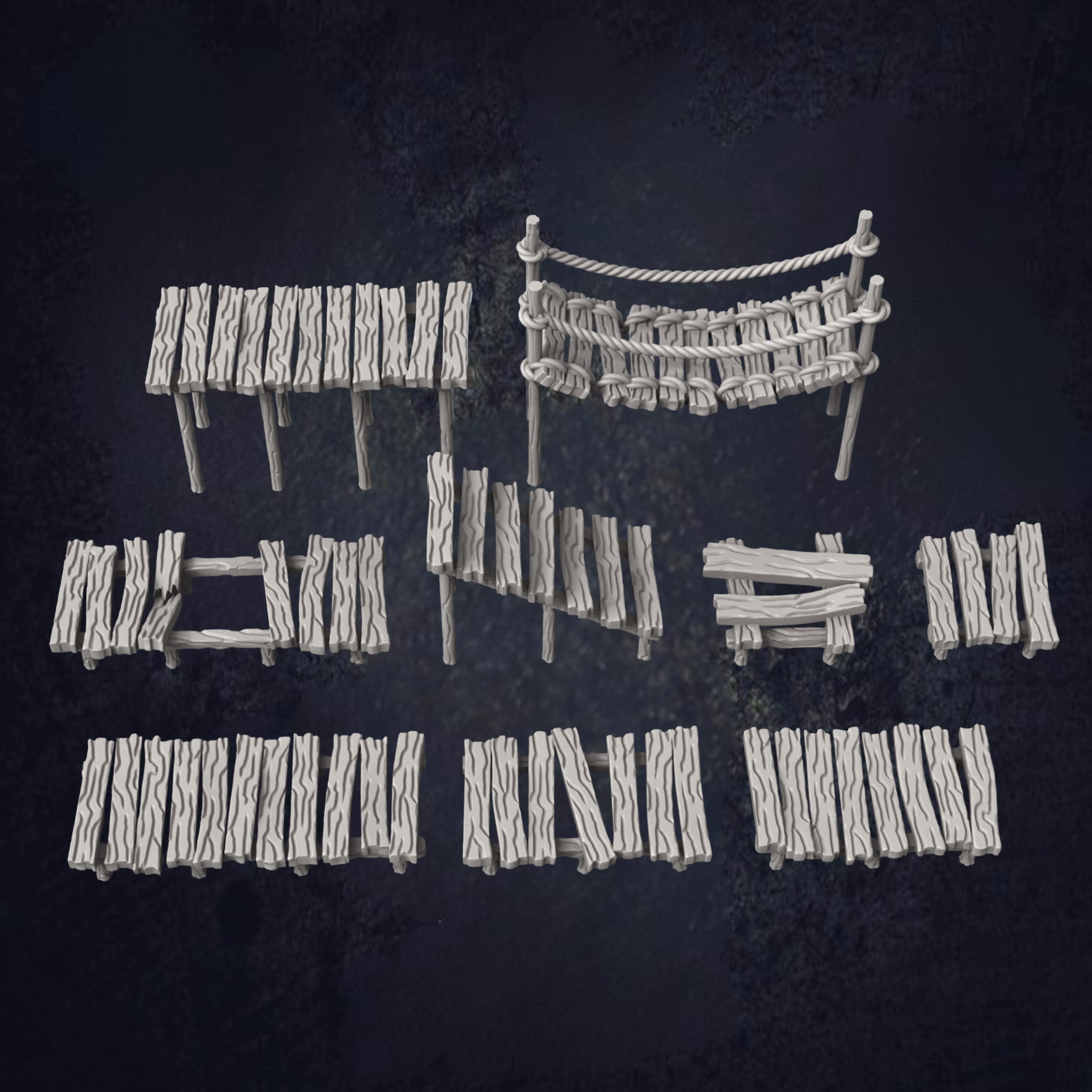 Swamp walkways, with different designs, including verticality playability along with some missing planks. Wide range of variation to design your own layout