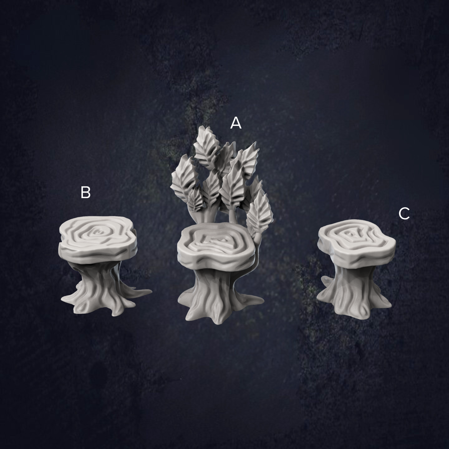 Three tavern stools of a woodland theme, one with a leafy backrest