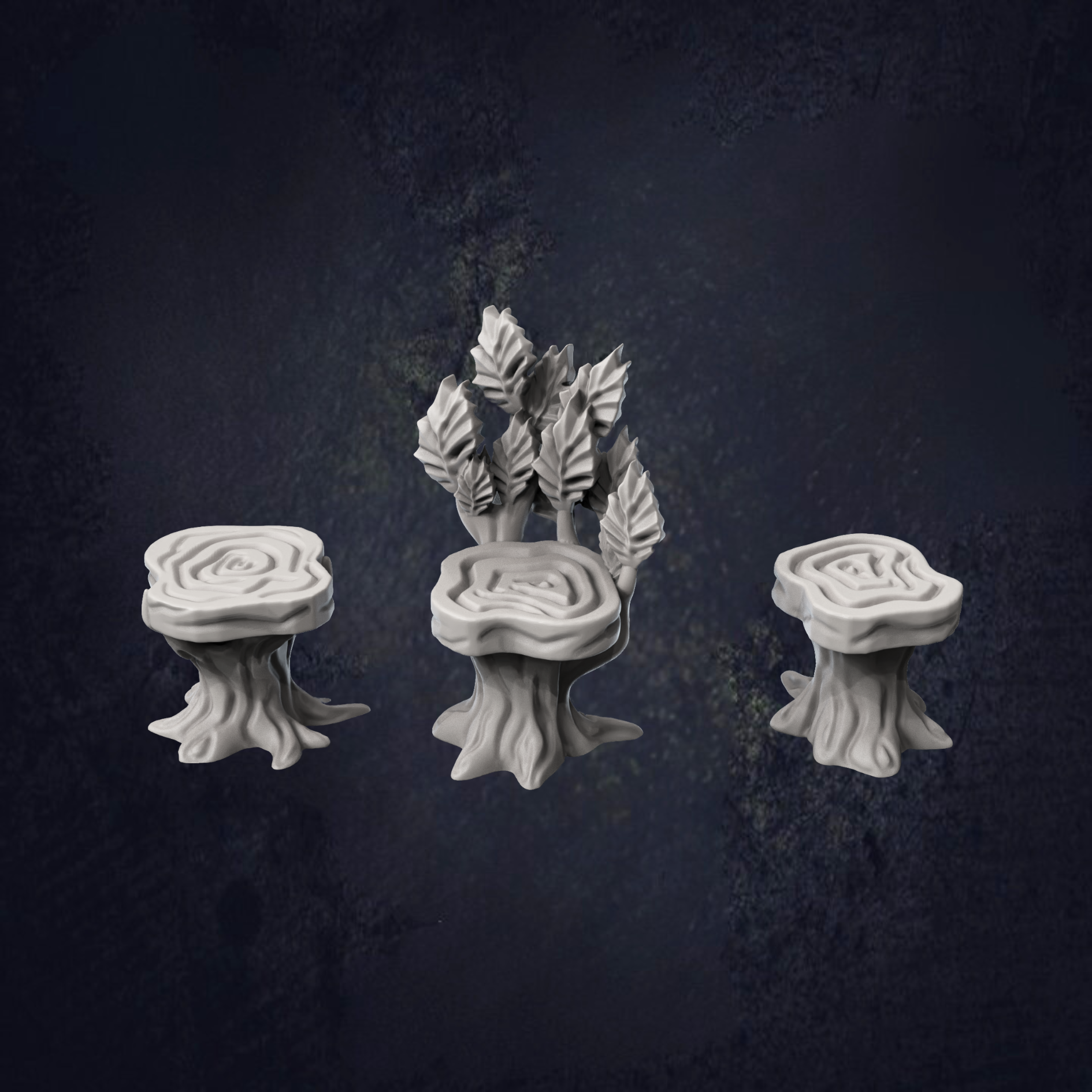 Three tavern stools of a woodland theme, one with a leafy backrest